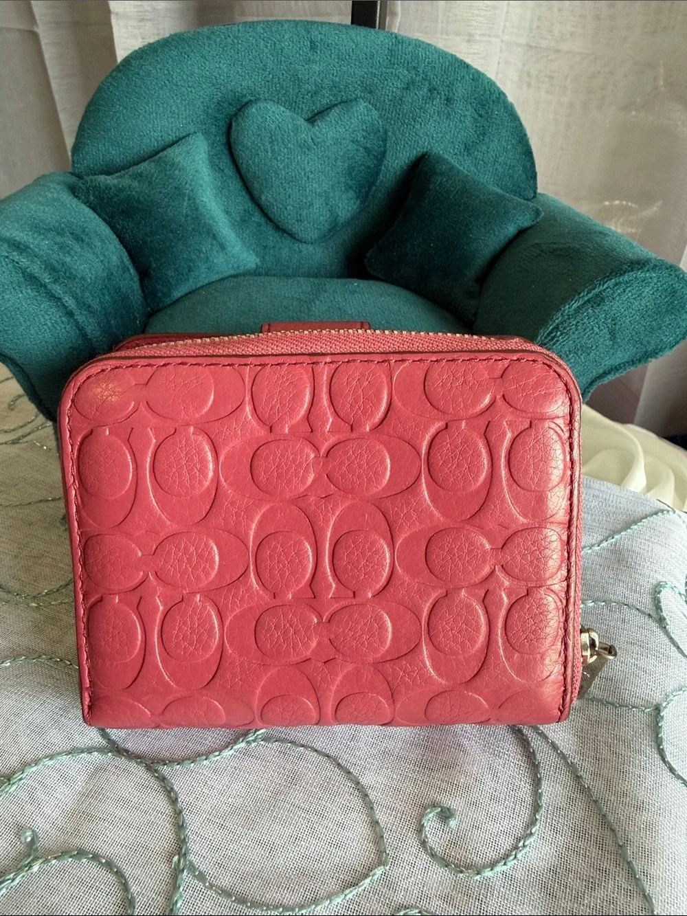Coach Coral Pink Embossed Signature Leather Wallet